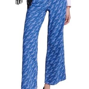 Blue Patterned Wide-Leg Pants